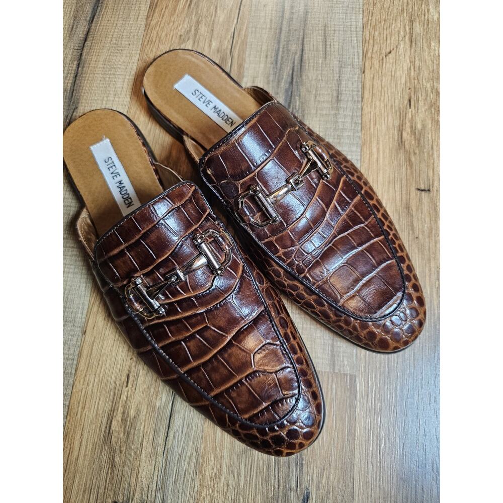 STEVE MADDEN "Dazling" Leather Mules Slides Sz 8 Brown Croc Embossed